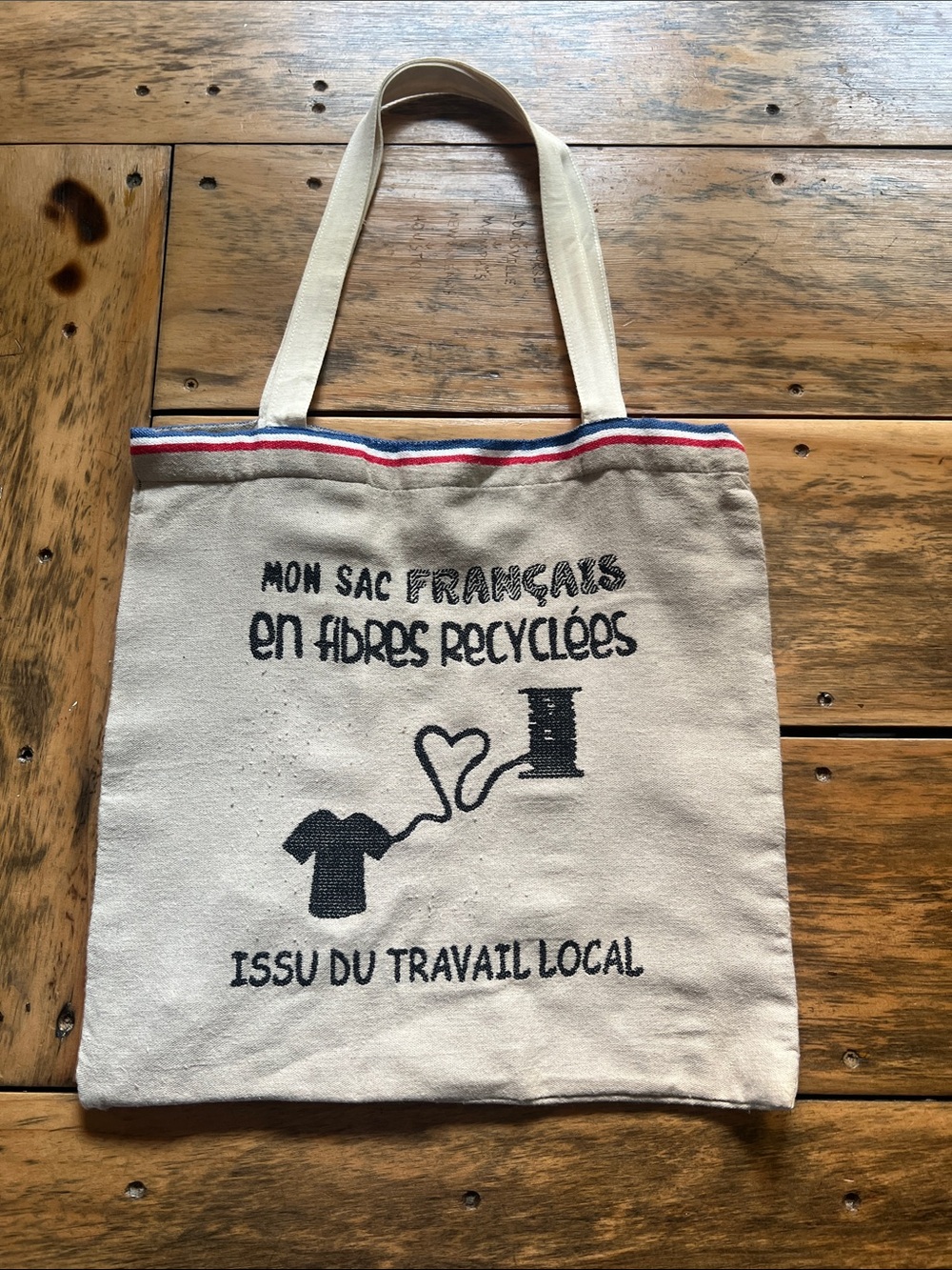 French Canvas Tote Bag - Natural with Red, White & Blue Trim- Jean Dubost